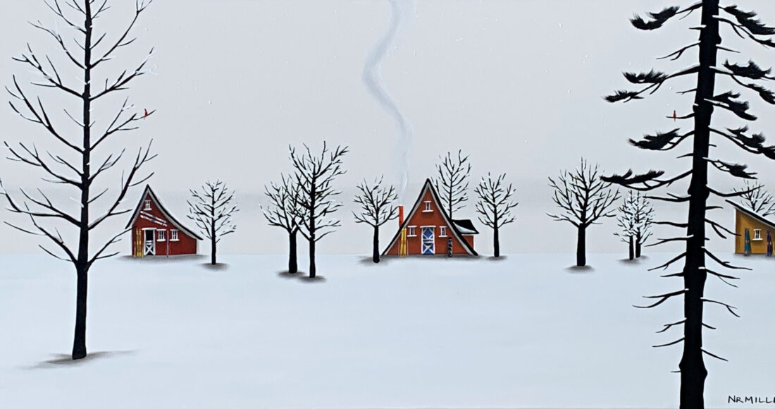 Natasha Miller painting of three small cozy cabins on a snowy winter day with smoke coming out of the chimneys. There are a number of bare trees with red cardinals in them and snowflakes in the sky.