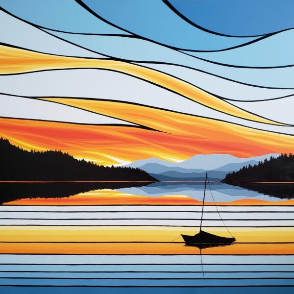 Peaceful Horizon, west coast landscape painting with boat by Monica Morrill | Effusion Art Gallery, Invermere BC