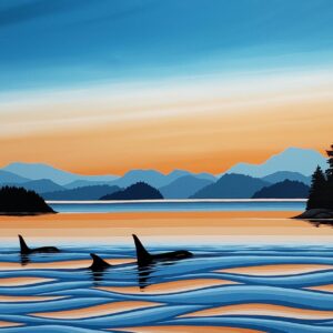 Solstice II, west coast sunset landscape painting with orca whales by Monica Morrill | Effusion Art Gallery, Invermere BC