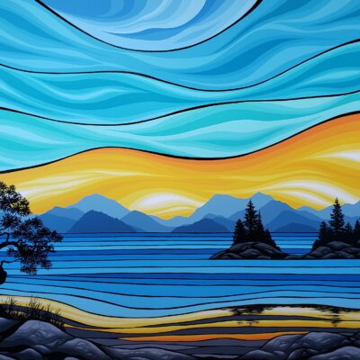 Sunrise Serenity, mountain sunset landscape painting with orca whales by Monica Morrill | Effusion Art Gallery, Invermere BC