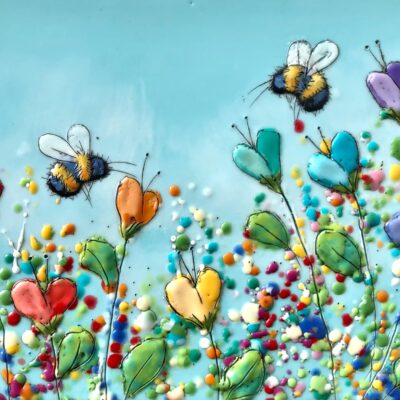 Just Bee 126, encaustic bumblebee, flower, and rainbow heart painting by Brenda Walker | Effusion Art Gallery, Invermere BC