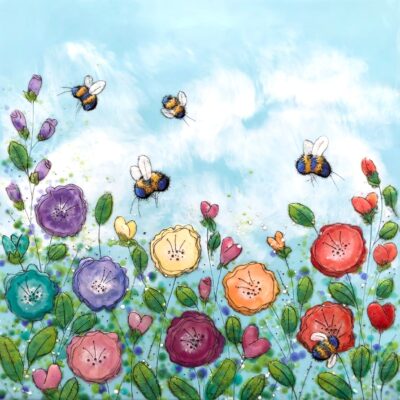 Just Bee 129, encaustic bumblebee + rainbow flower painting by Brenda Walker | Effusion Art Gallery, Invermere BC
