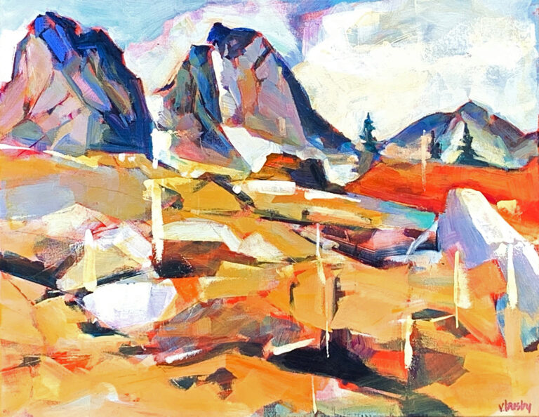 Bugaboo Silver Basin, acrylic landscape painting by Verne Busby | Effusion Art Gallery, Invermere BC