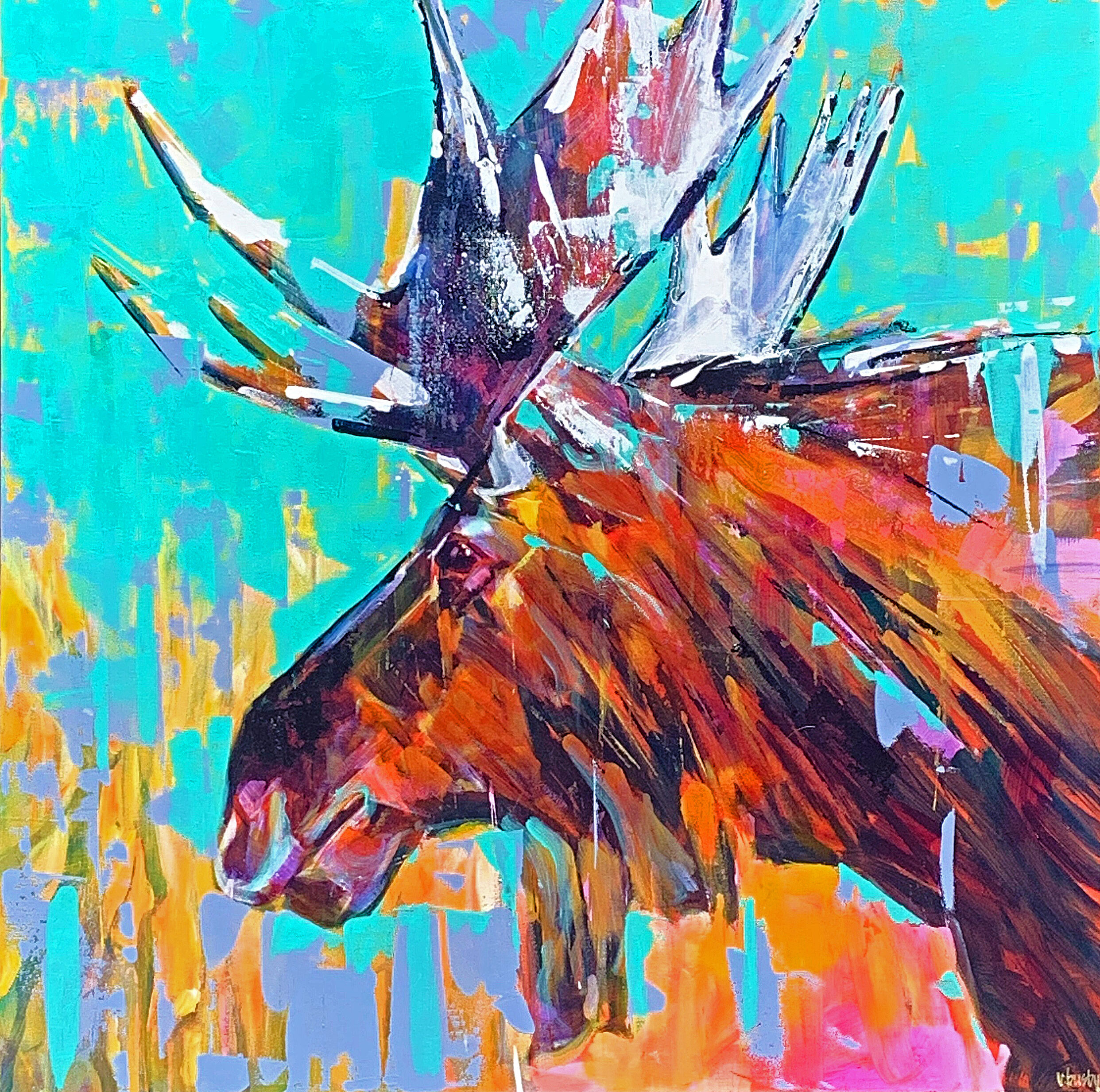 Bull Moose 5, acrylic moose painting by Verne Busby | Effusion Art Gallery, Invermere BC