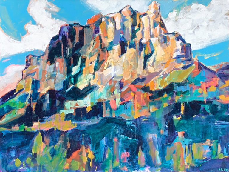 Castle Mountain From the East, acrylic landscape painting by Verne Busby | Effusion Art Gallery, Invermere BC