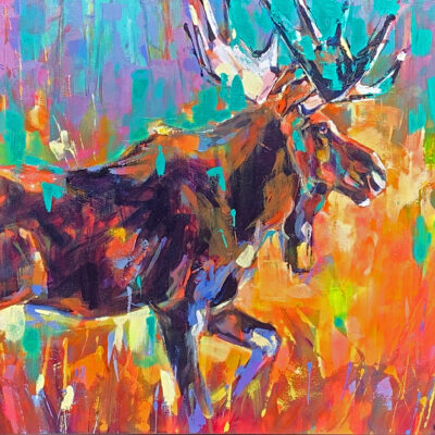On the Move Moose 6, acrylic moose painting by Verne Busby | Effusion Art Gallery, Invermere BC