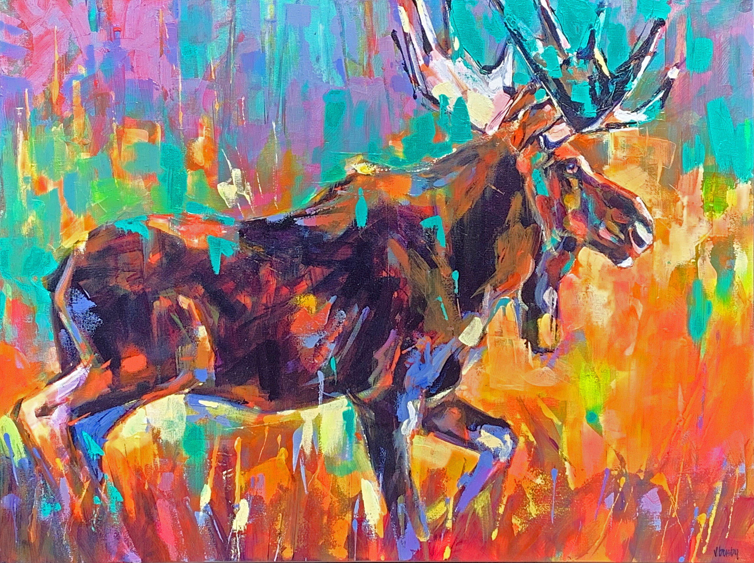 On the Move Moose 6, acrylic moose painting by Verne Busby | Effusion Art Gallery, Invermere BC