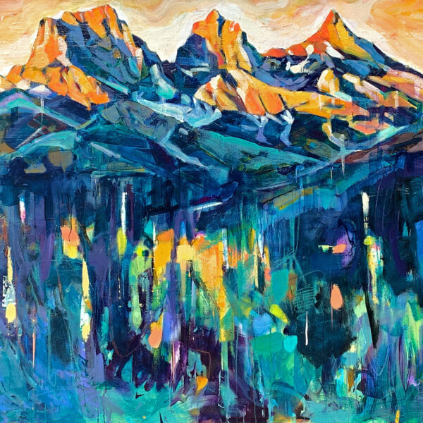 Three Sisters, acrylic landscape painting of the Three Sisters mountains in Canmore by Verne Busby | Effusion Art Gallery, Invermere BC