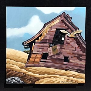3-D painting of a barn owl flying past an old brown barn on a warm fall day in the prairies by Mark Farand.
