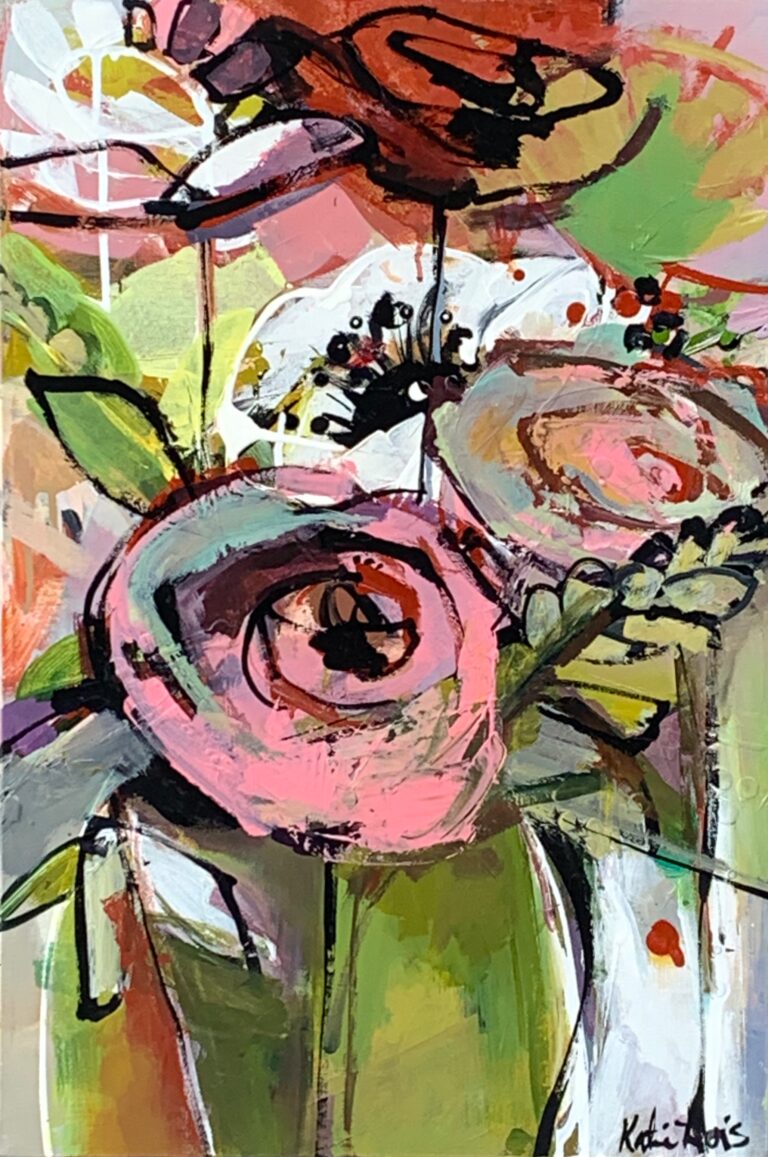 Pink and Green All Day, acrylic flower painting by Katie Lois | Effusion Art Gallery, Invermere BC