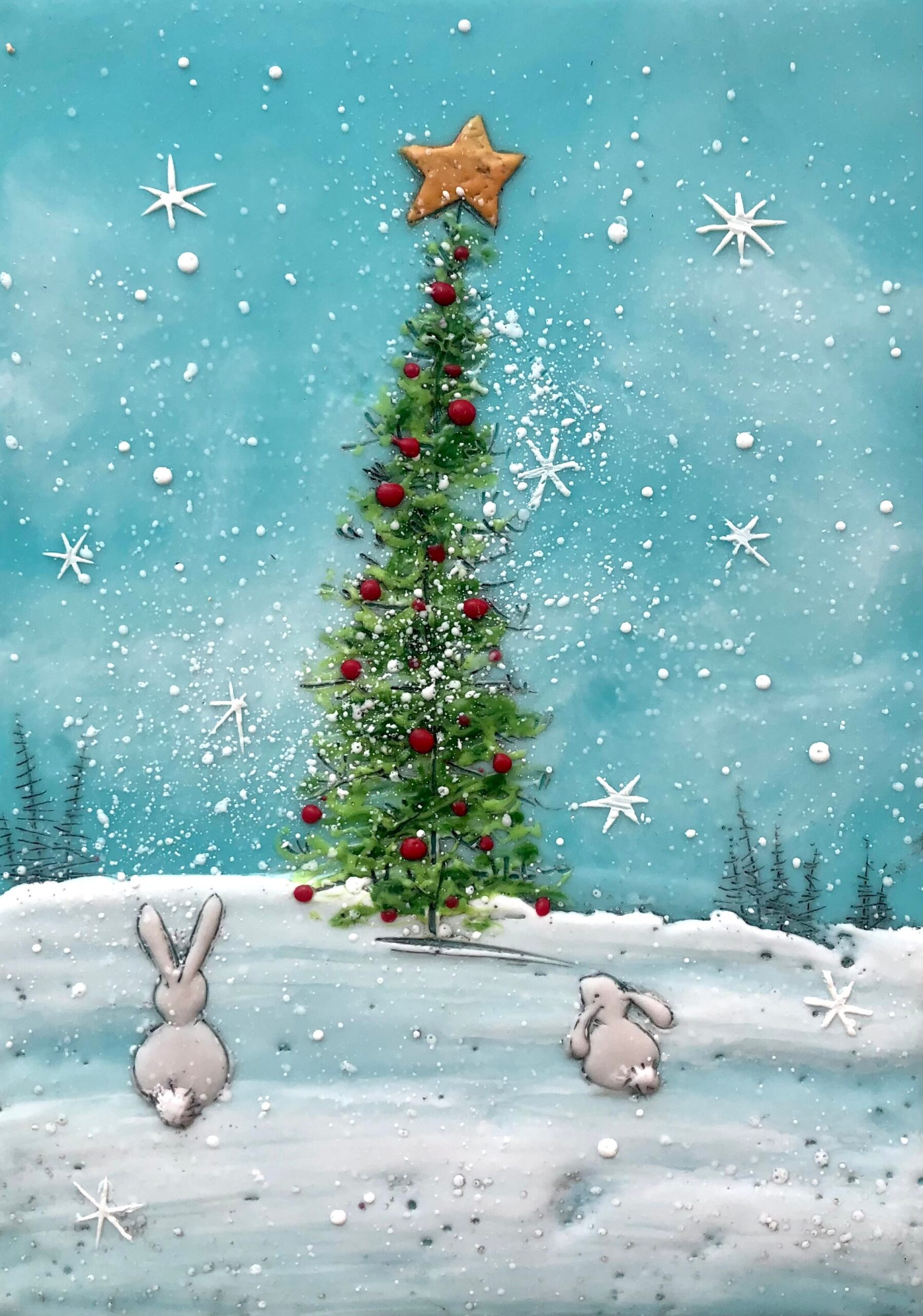 Oh Christmas Tree 28, cute encaustic Christmas tree and bunnies painting by Brenda Walker | Effusion Art Gallery, Invermere BC