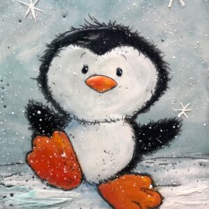 Cute encaustic painting of a friendly penguin playing in the snow by Brenda Walker.