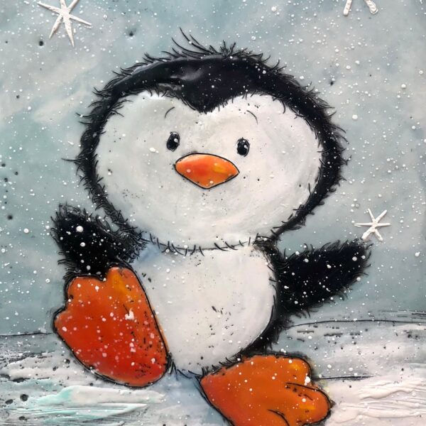 Penguin 4, cute encaustic penguin painting by Brenda Walker | Effusion Art Gallery, Invermere BC