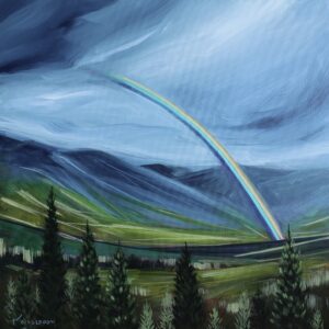 Original acrylic painting of a clearing summer storm and rainbow in Invermere, BC by Kayla Eykelboom.