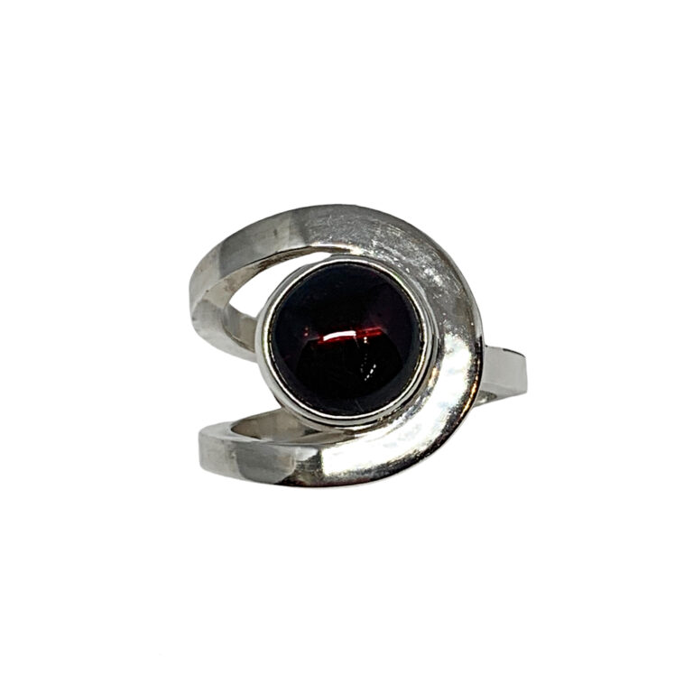 Handmade silver + 5.5 ct round garnet ring by A&R Jewellery | Effusion Art Gallery, Invermere BC