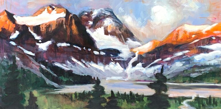 Athabasca mixed media mountain landscape painting by Connie Geerts | Effusion Art Gallery, Invermere BC