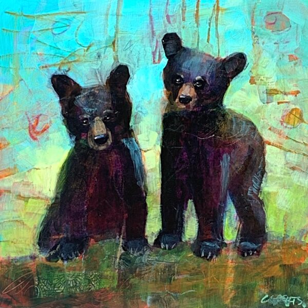 Best Friends, mixed media black bear cub painting by Connie Geerts | Effusion Art Gallery, Invermere BC