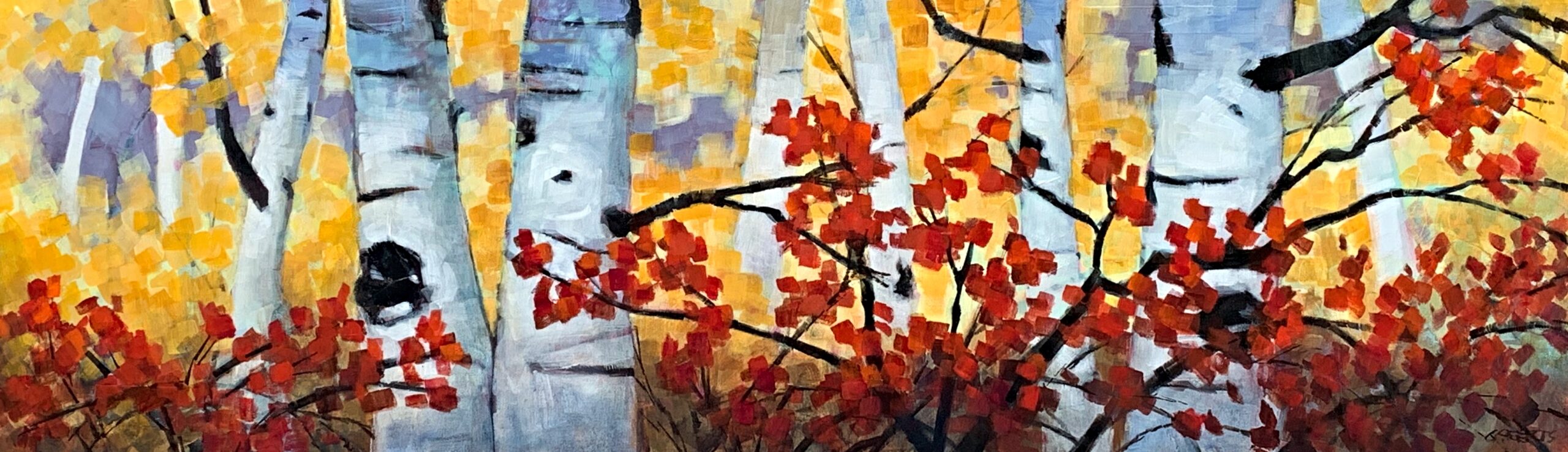 Bright Forest mixed media tree landscape painting by Connie Geerts | Effusion Art Gallery, Invermere BC