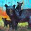 Piggyback, mixed media black bear and cubs painting by Connie Geerts | Effusion Art Gallery, Invermere BC