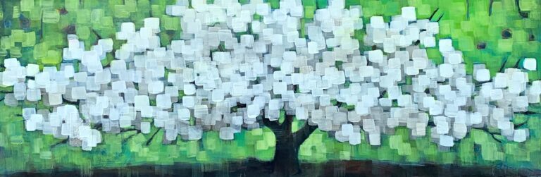 Spring Blooming mixed media tree painting by Connie Geerts | Effusion Art Gallery, Invermere BC