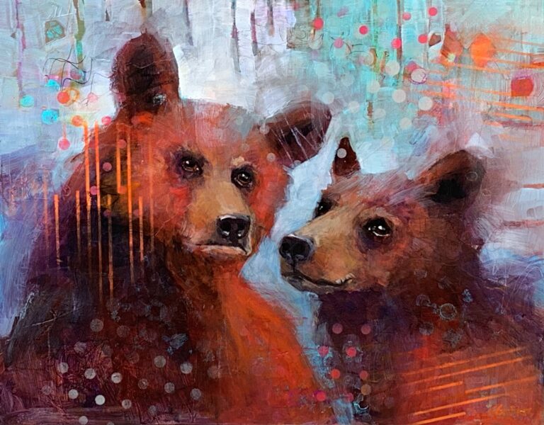The Boys, mixed media bear cub painting by Connie Geerts | Effusion Art Gallery, Invermere BC