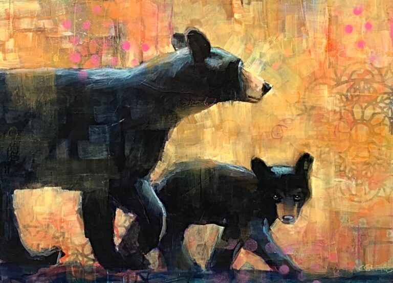 Walks with Mom, mixed media black bear and cub painting by Connie Geerts | Effusion Art Gallery, Invermere BC