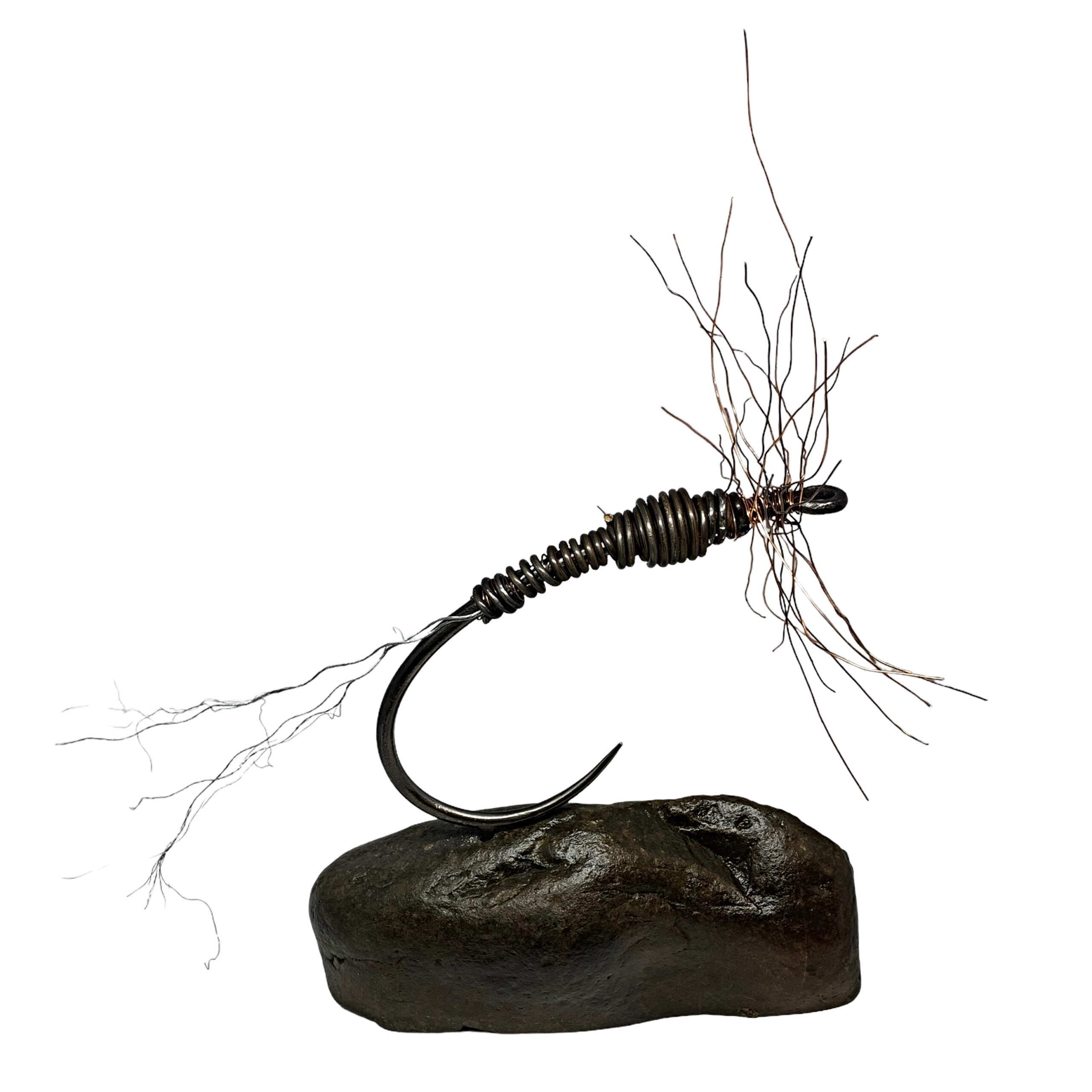 Goldie Creek, mixed media fly fishing lure sculpture by Paul Reimer | Effusion Art Gallery, Invermere BC