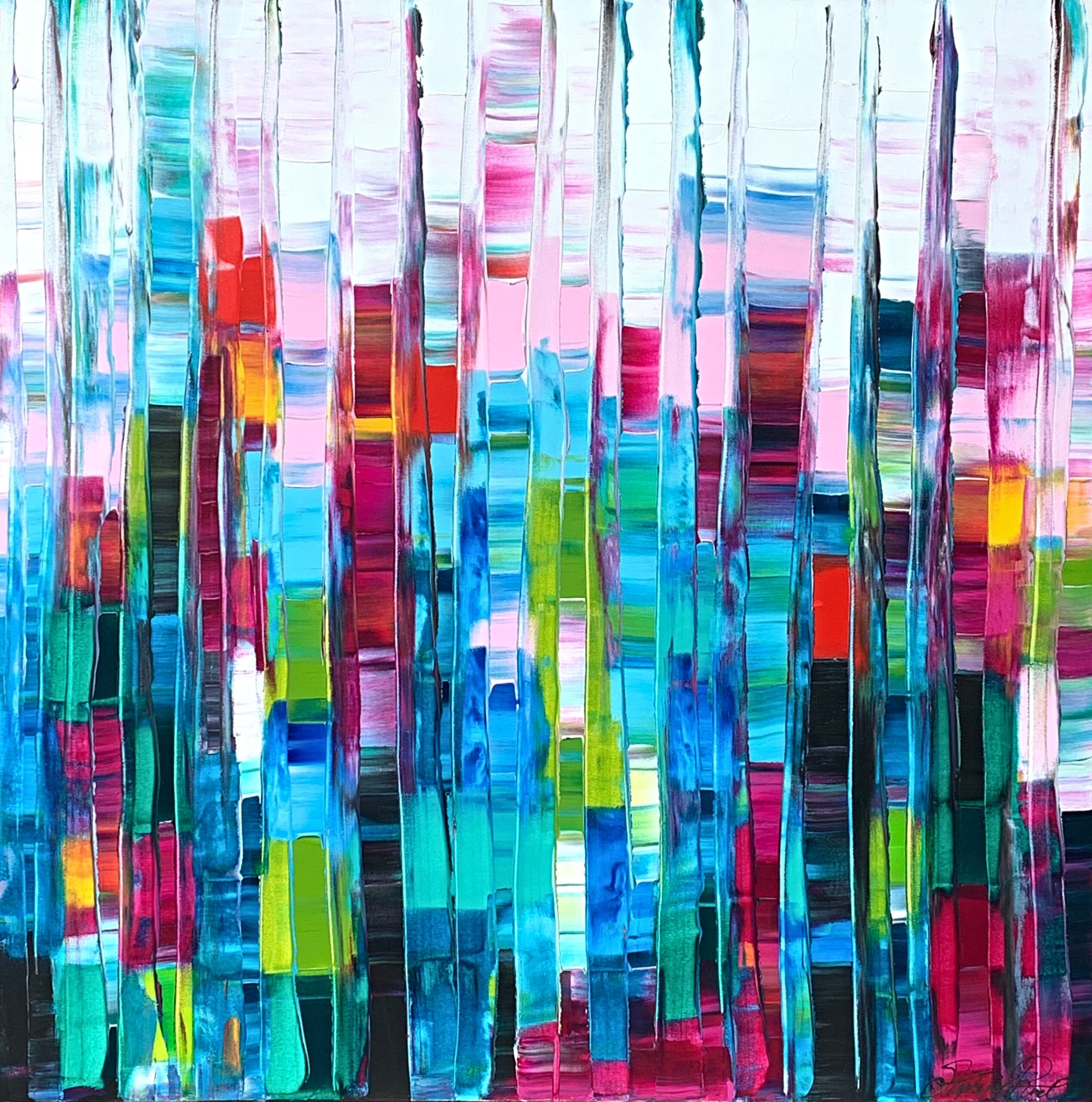 Vibrant abstract painting with turquoise blue, green, fuchsia and white by Stephanie Rivet.