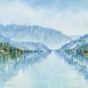 Original soft blue and green landscape painting by Lake Windermere by Gina Sarro.