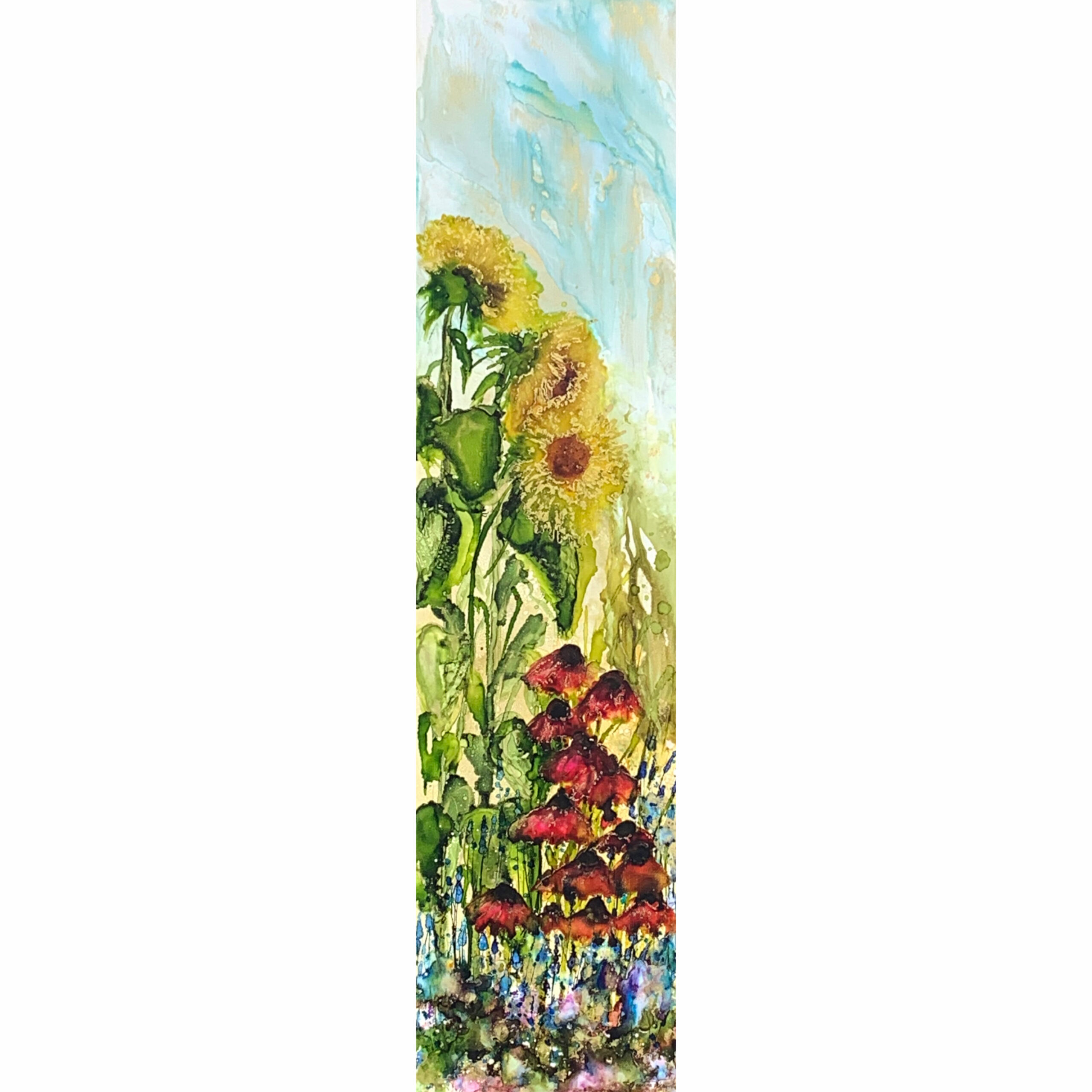 Original alcohol ink painting of sunflowers and summer flowers growing in a garden on a sunny day by Paulina Tokarski.