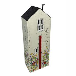 Original encaustic painting of a 3-D cream house with a red door and black roof with abstract flowers by Brenda Walker.