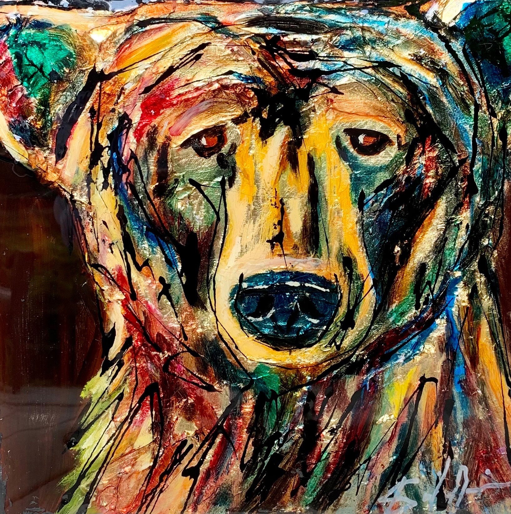 Original mixed media brown bear painting by David Zimmerman.