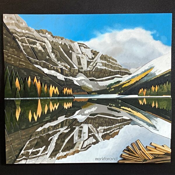 Taylor Lake, oil and scroll-cut wood landscape of Taylor Lake in the early autumn by Mark Farand | Effusion Art Gallery, Invermere BC
