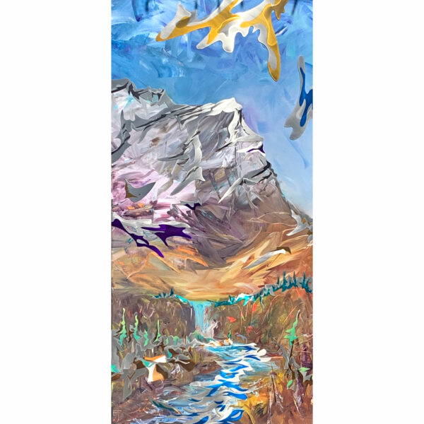 Journey to Fryatt Valley, mixed media landscape painting with stainless steel overlay by Joel Masewich | Effusion Art Gallery, Invermere BC