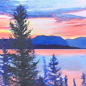Oil painting of a pink summer sunset over Lake Windermere with trees in the foreground by Stephanie Taylor.