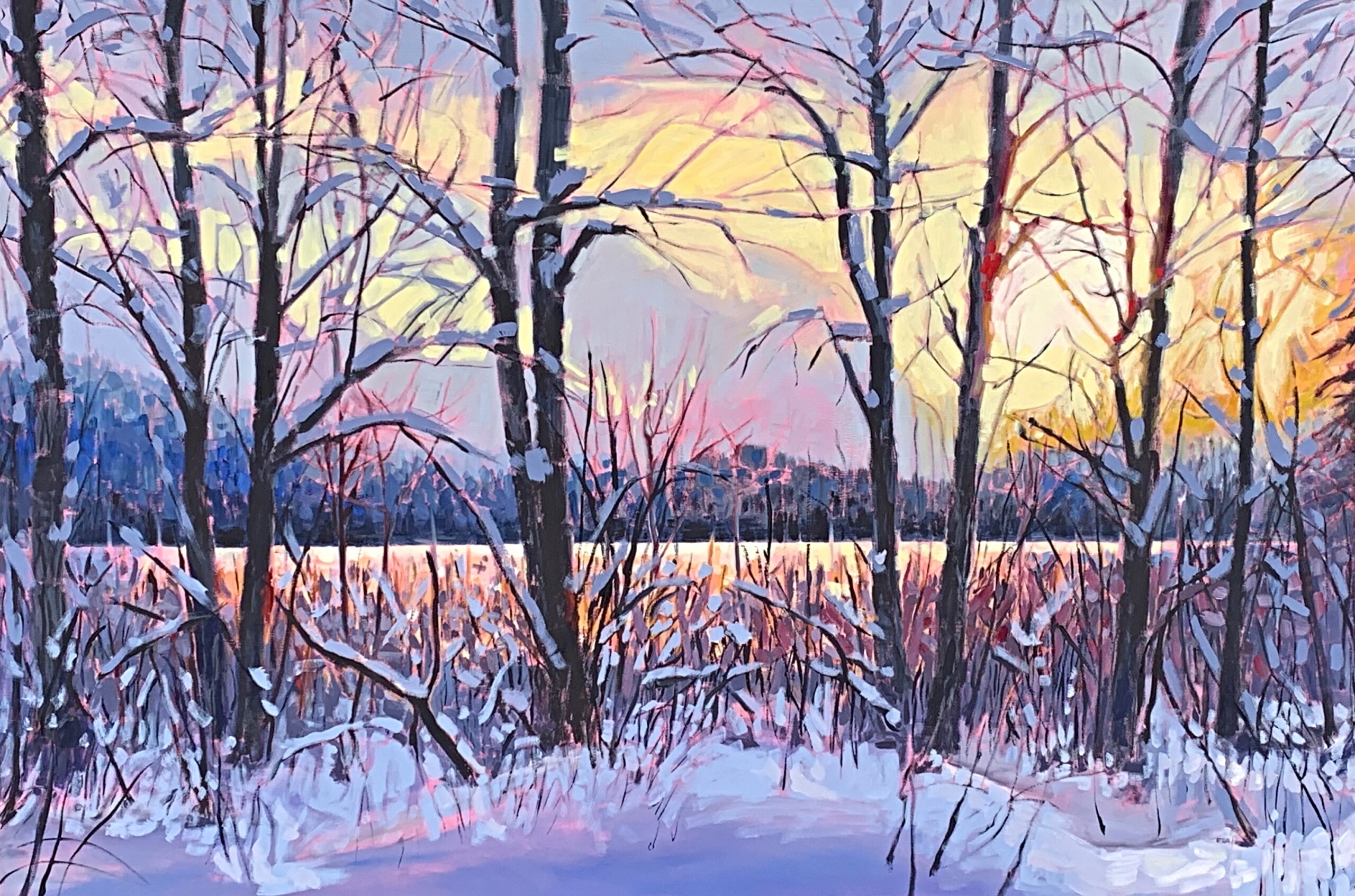 Oil painting of a winter sunrise of a frozen BC mountain lake through the trees with pink and purple sky by Stephanie Taylor.
