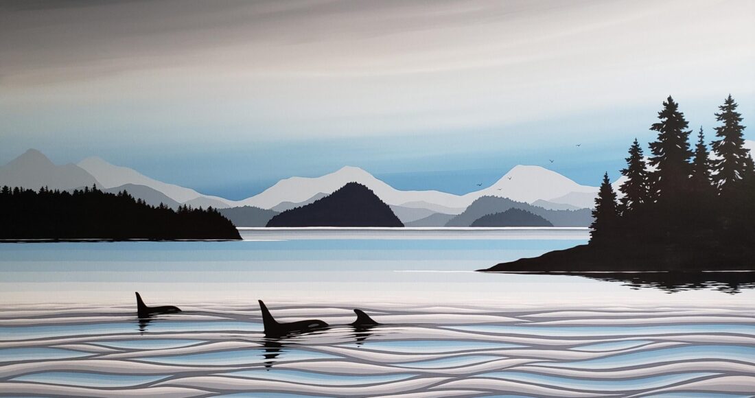 Original acrylic painting of orca whales swimming along the Pacific coast in shades of gray, soft blue, and black by Monica Morrill.