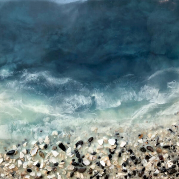 West Coast 356, encaustic ocean and beach painting by Brenda Walker | Effusion Art Gallery, Invermere BC