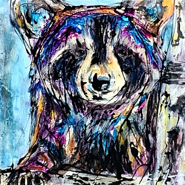Peek, original mixed media raccoon painting by David Zimmerman