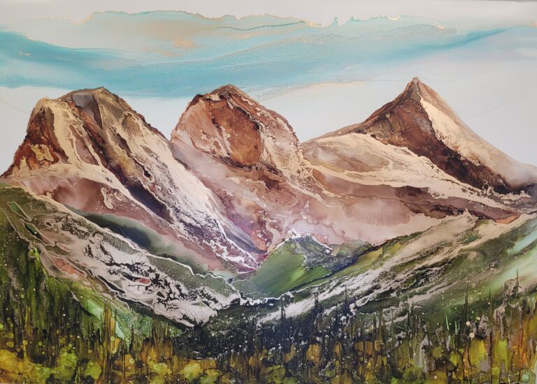 Majestic Peaks - the Three Sisters, Alcohol Ink on Yupo Paper by Paulina Tokarski | Effusion Art Gallery, Invermere BC