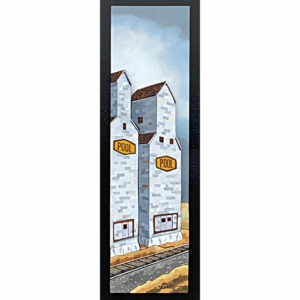 Original 3-D scroll-cut wood painting of two grey and red Pool grain elevators on the prairie by Mark Farand.
