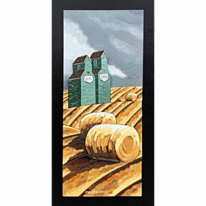 Original 3-D scroll-cut wood painting of two turquoise Pool grain elevators and hay bales on the prairie by Mark Farand.