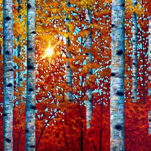 Fall Passion, original acrylic red and gold autumn tree painting by Melissa Jean at Effusion Art Gallery in Invermere, BC.