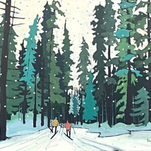 Original acrylic painting of cross country skiers at Nipika Resort by Eleanor Lowden.