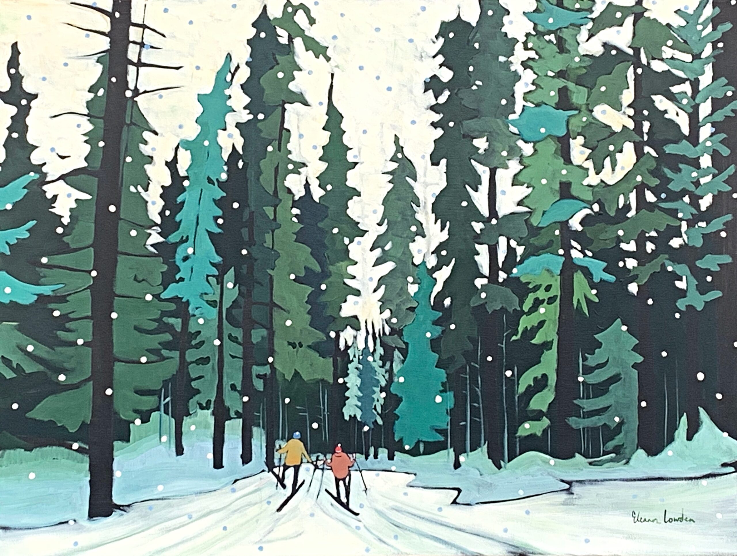 Fresh Snow, original acrylic cross country skiing at Nipika painting by Eleanor Lowden at Effusion Art Gallery in Invermere, BC