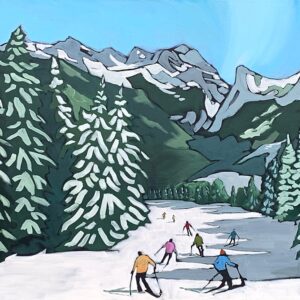 Original acrylic painting of skiers at Panorama Mountain Resort by Eleanor Lowden.
