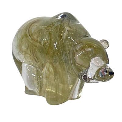 One of a kind blown glass grizzly bear sculpture by Hayden MacRae at Effusion Art Gallery in Invermere, BC