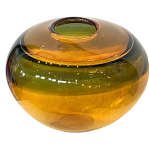 Blown glass yellow and green bowl by Hayden MacRae reminiscent of a honey pot
