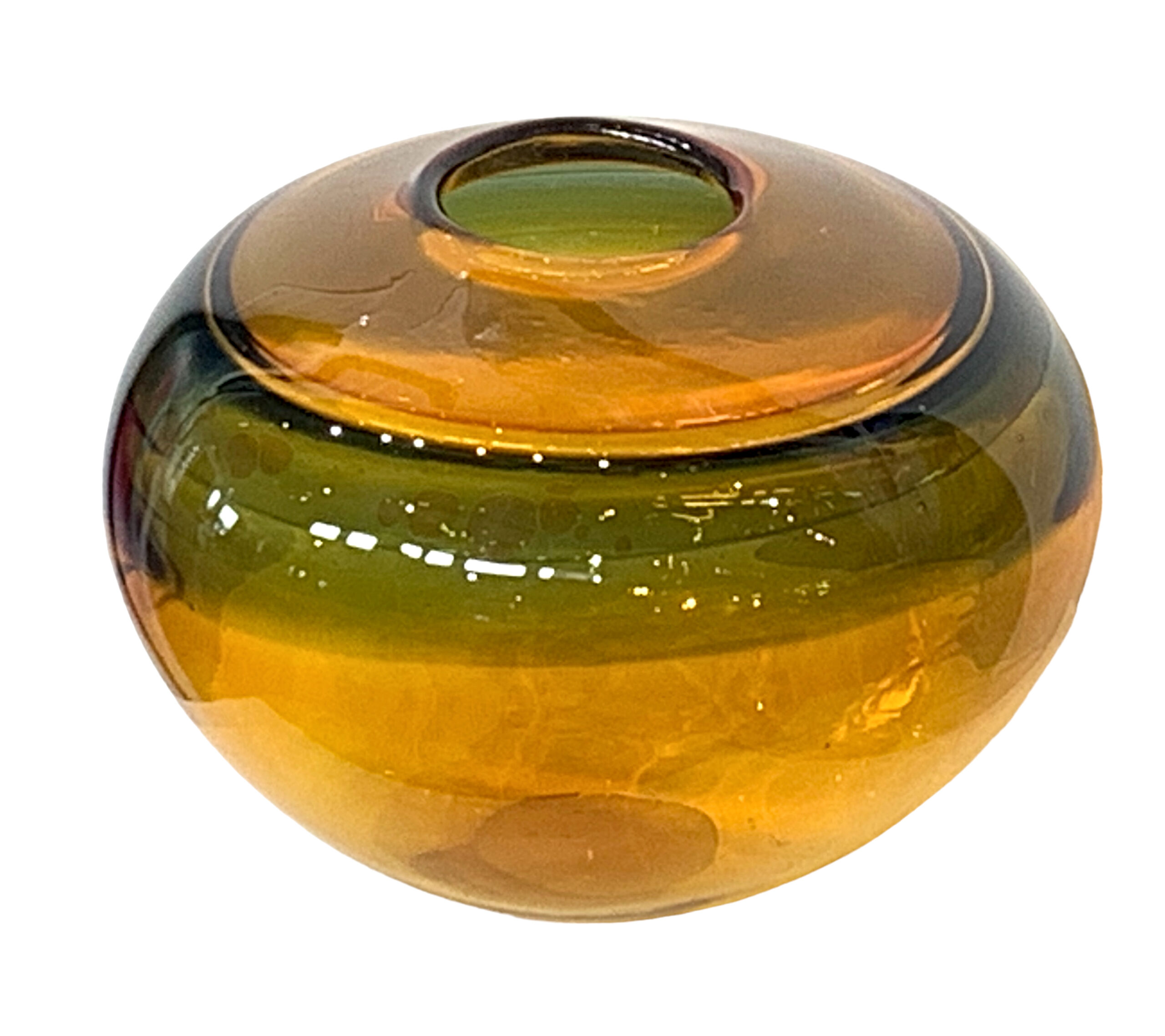 Honey Pot, One of a kind yellow + green blown glass bowl by Hayden MacRae at Effusion Art Gallery in Invermere, BC