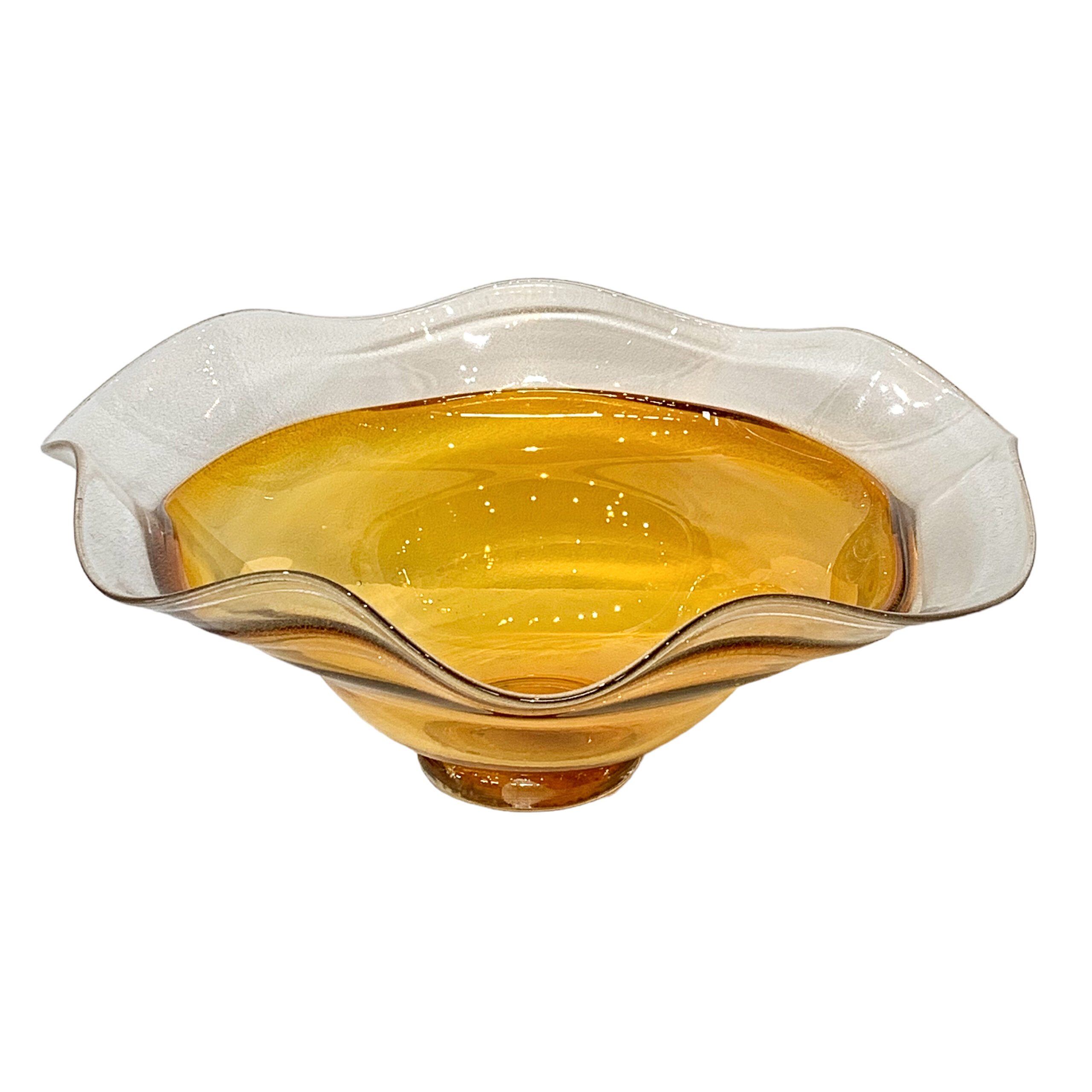 One of a kind yellow blown glass wave bowl by Hayden MacRae at Effusion Art Gallery in Invermere, BC